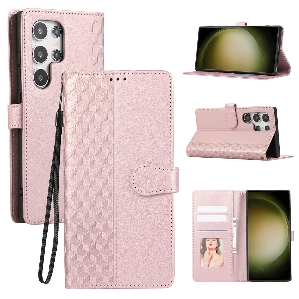 For Samsung Galaxy S25 Ultra Case 3D Rhombus Grid Imprinted Wallet Leather Phone Cover with Lanyard