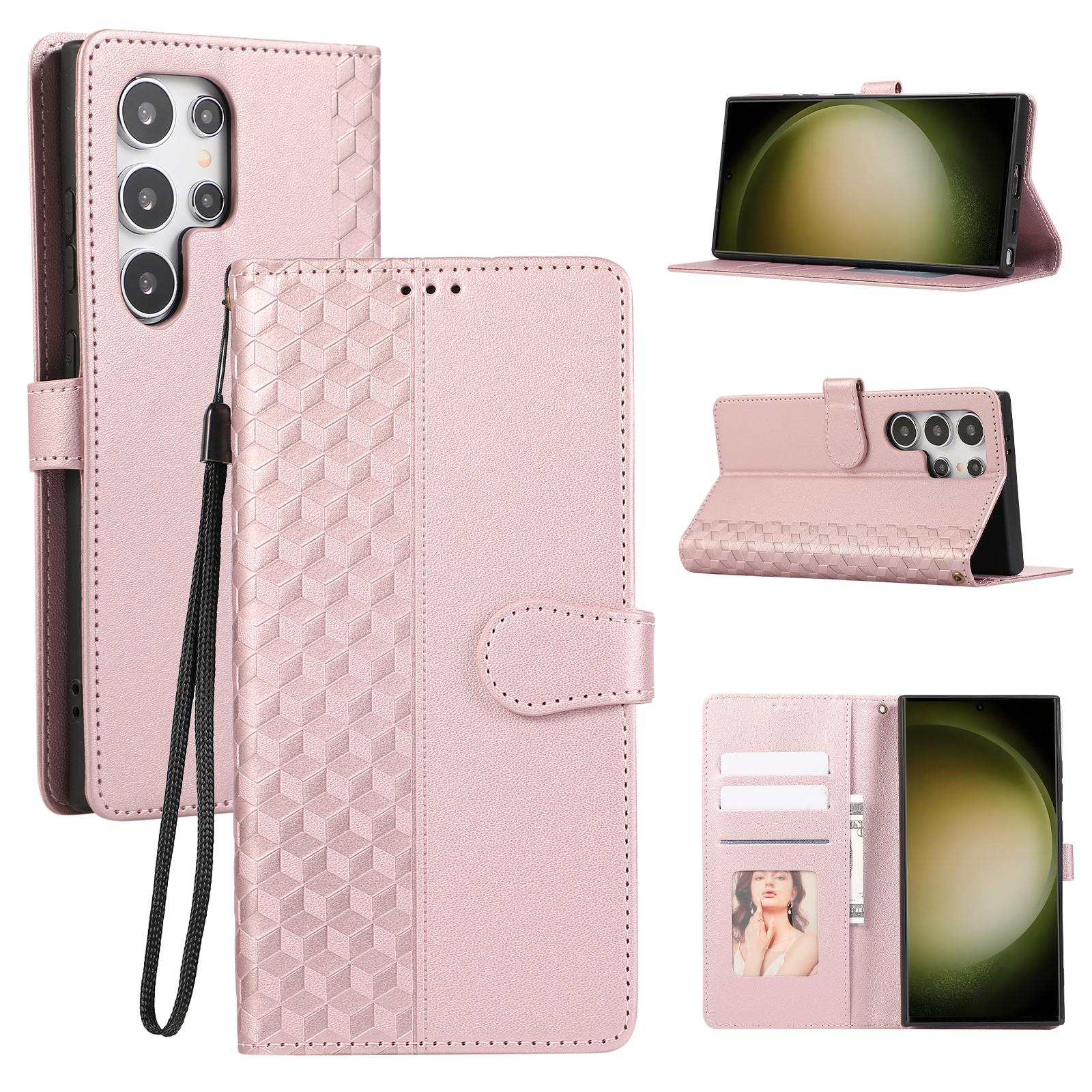

For Samsung Galaxy S24 Ultra Case 3D Rhombus Grid Imprinted Wallet Leather Phone Cover with Lanyard Rose Gold