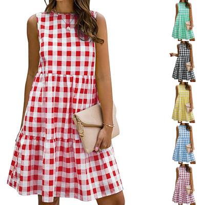 Women's Casual Round-neck Checkered Loose Dress