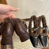Inner Height Increase Mary Jane Single Shoes Rhinestone Square Head Thick Women's Shoes Winter Velvet Small Women's Shoes Retro Versatile Fluffy Shoes