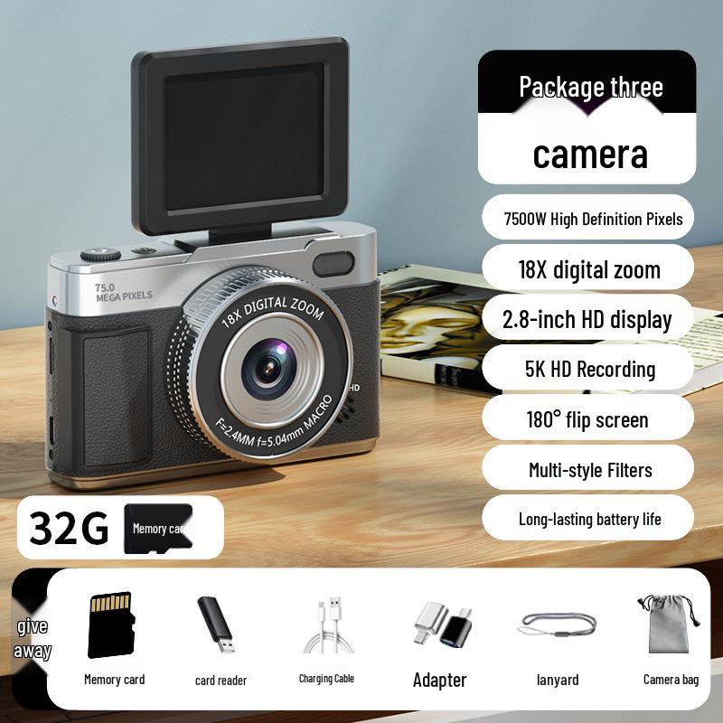 Retro 5K Mirrorless Digital Camera with Flip Screen & HD CCD for Selfies
