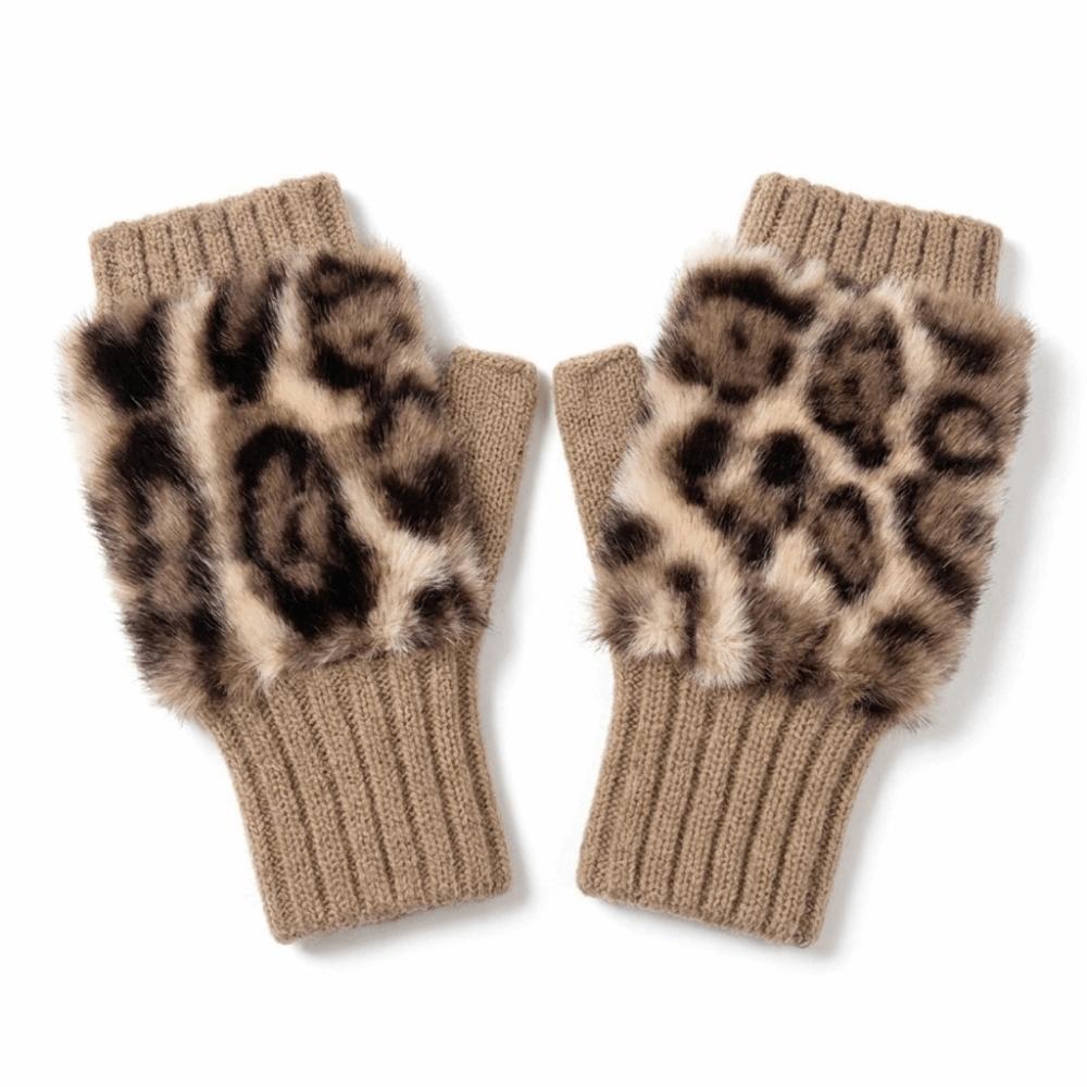 Soft Plush Fingerless Gloves Warm Leopard Print Gloves Vintage Half-Finger Gloves Women