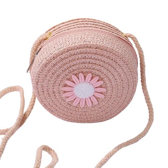 Children Shoulder Bag Straw Woven Flower Decor Pastoral Style Crossbody Bag Zipper