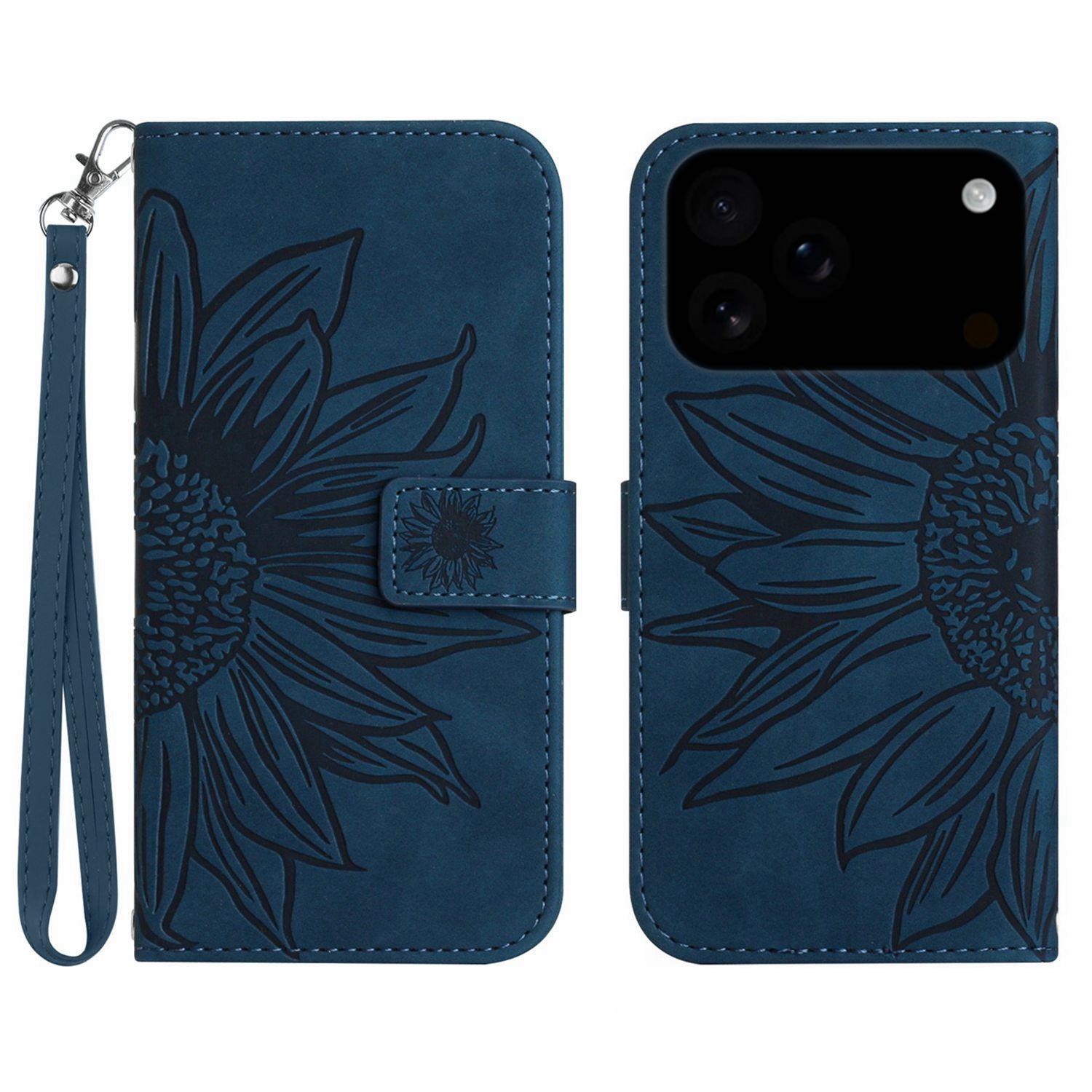 

For iPhone 17 Pro Max Case Sunflower Imprint Leather Wallet Phone Cover with Wrist Strap Dark Blue