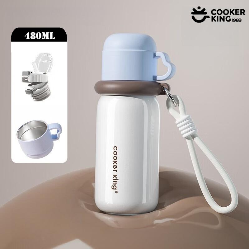 COOKER KING 480ML Children's Thermos Cup 316/304 Stainless Steel+PP Straw Cup with Carrying Rope Waterbottle for School Use