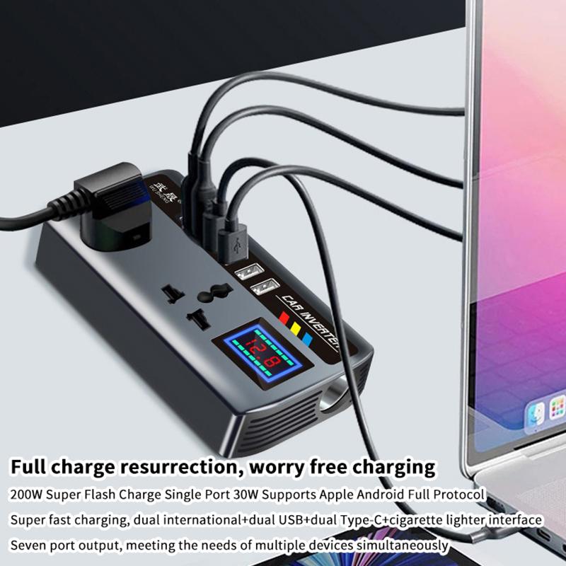 Car Inverter Power Adapter 12V/24V To Dc220V 200W Converter Multi Charger Socket Qc3.0 Usb Pd Type-C Fast Charging Car Inverter