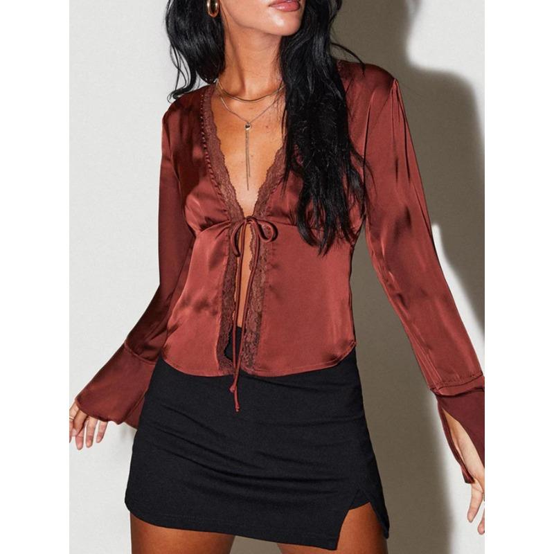 Women S V Neck Long Sleeve Lace Bow Open Front Top