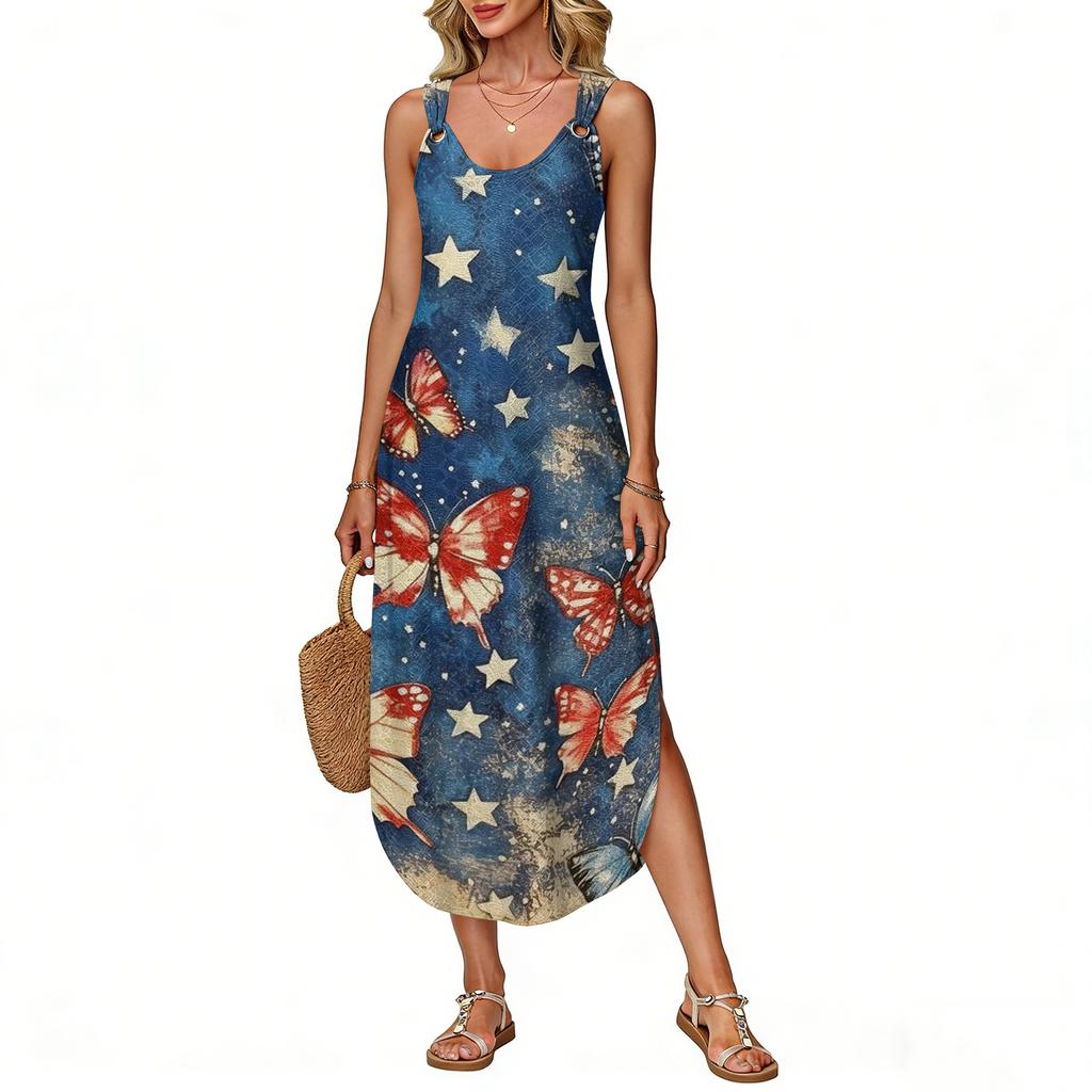 Women's Summer Long Dress Sleeveless Side Slit Long Independence Day Print Vacator Dress