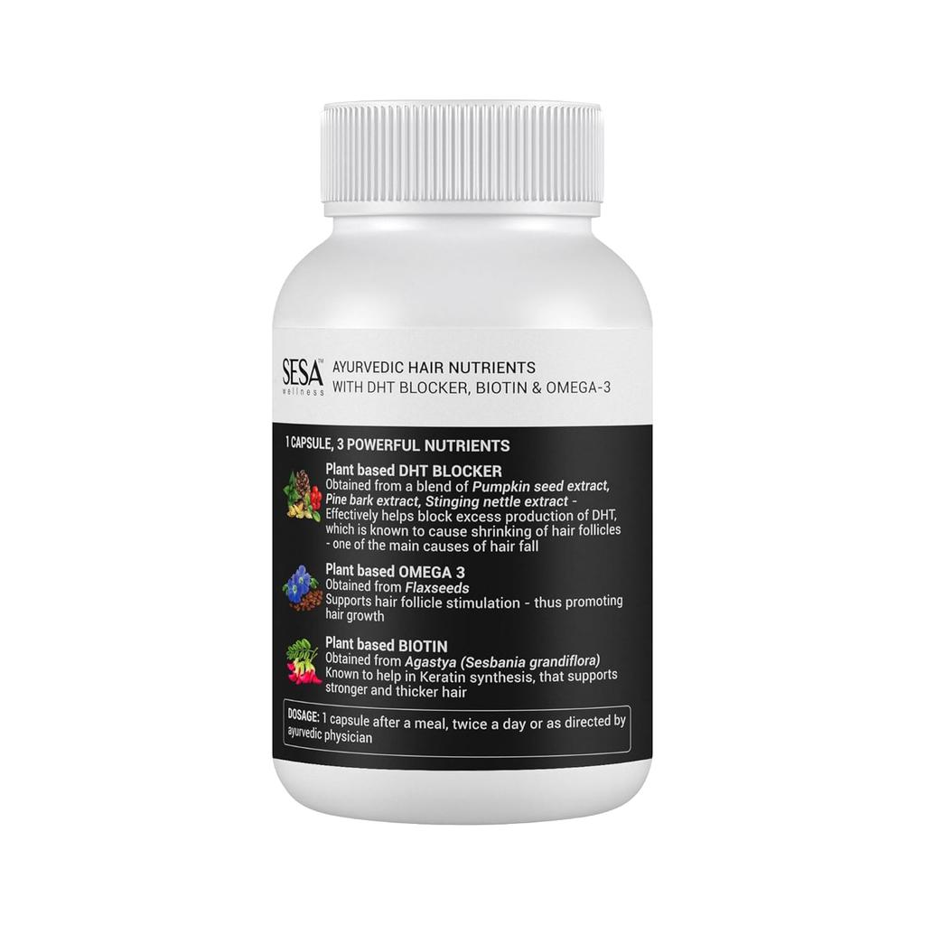 SESA Hair Vitamins Biotin DHT Blocker Capsules For Hair Fall Control & Growth 60 Count Plant-Based Omega-3 Supplement