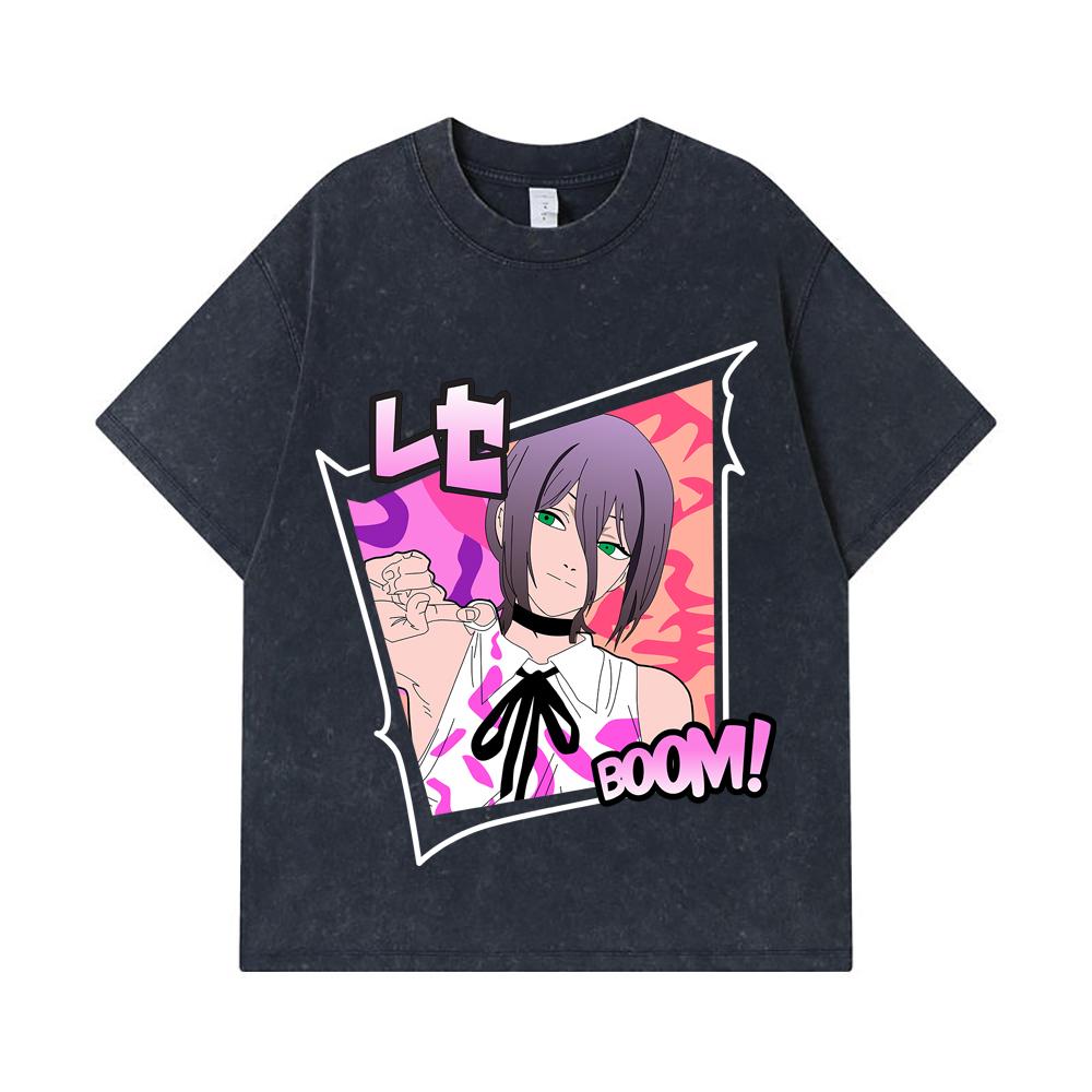 275 GSM Washed T-shirts 100% Cotton Chainsaw Man V53 Reze Print Unisex Heavy Cotton T Shirt