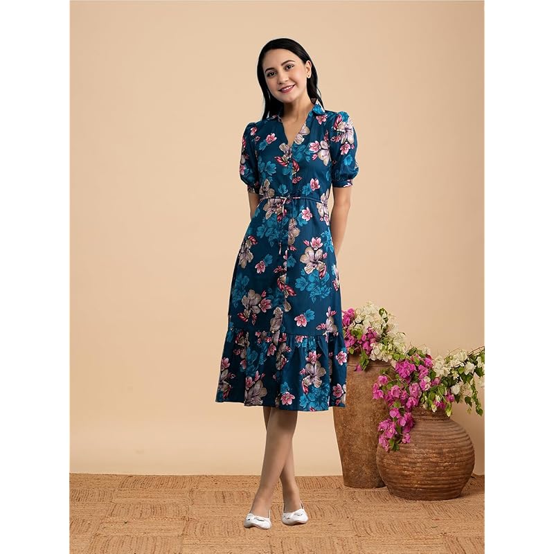 Kuduzo Floral Print Midi Dress, VNeck, Puff Sleeves, With And Flowers, Ruffle Hem (In, Alpha,, Regula