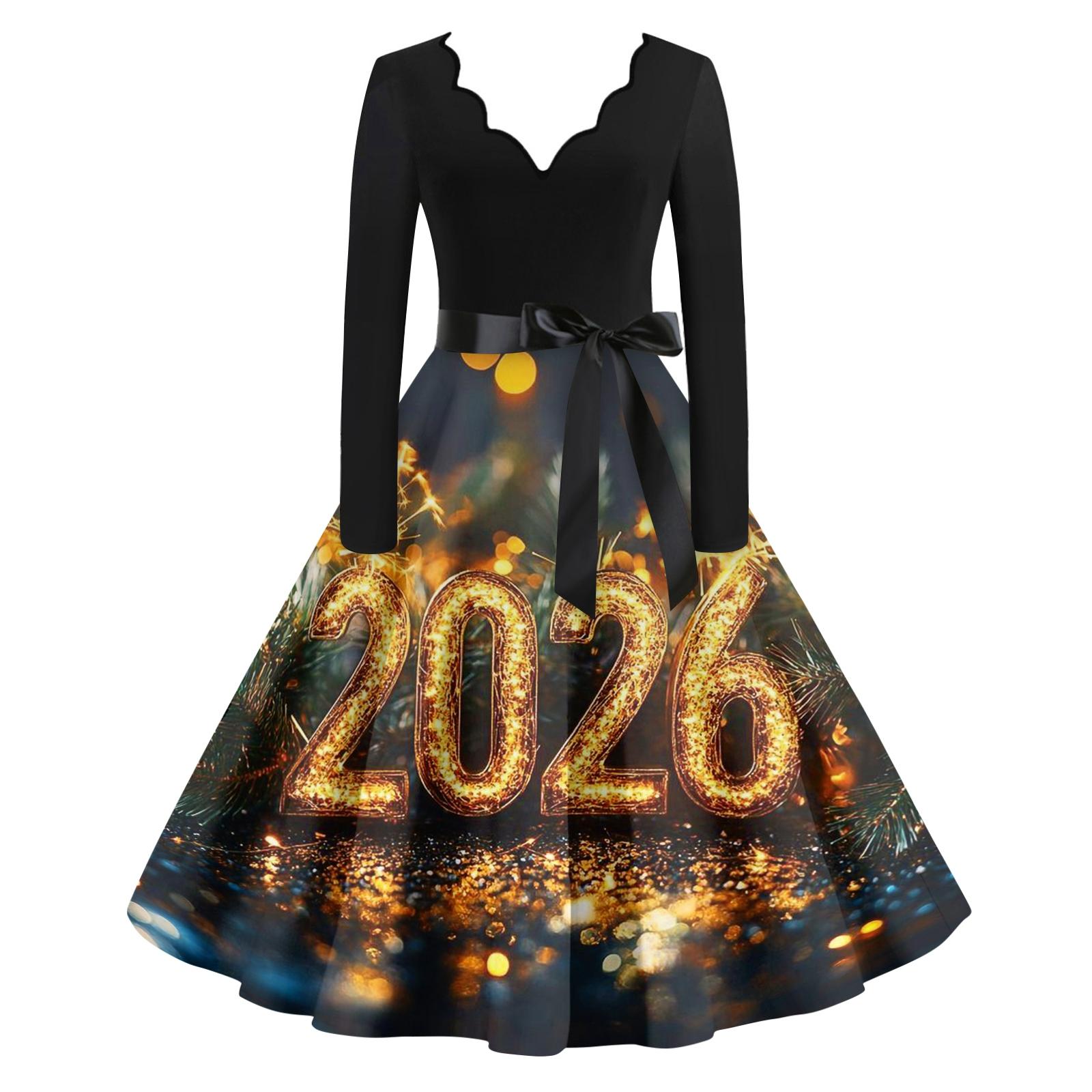 

Женское повседневное модное платье винтажного стиля с V-образным вырезом и новогодним принтом S жёлтый