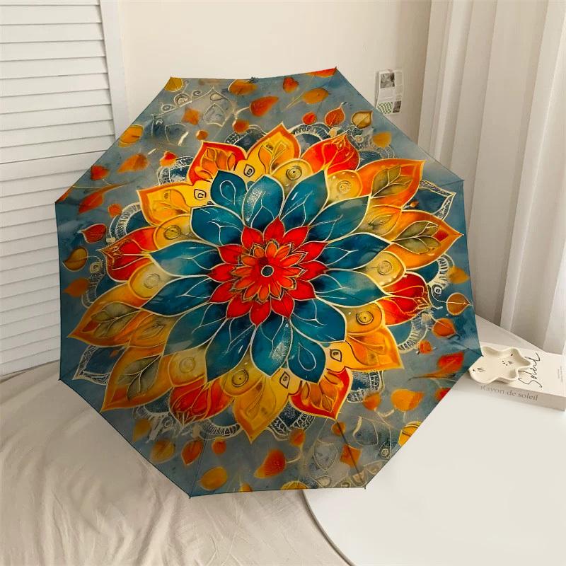 

1pc Mandala Leaves Automatic Open/Close Umbrella Compact Folding Umbrella with 8-Rib Shaft for Women/Men, Elegant Birthday1326S