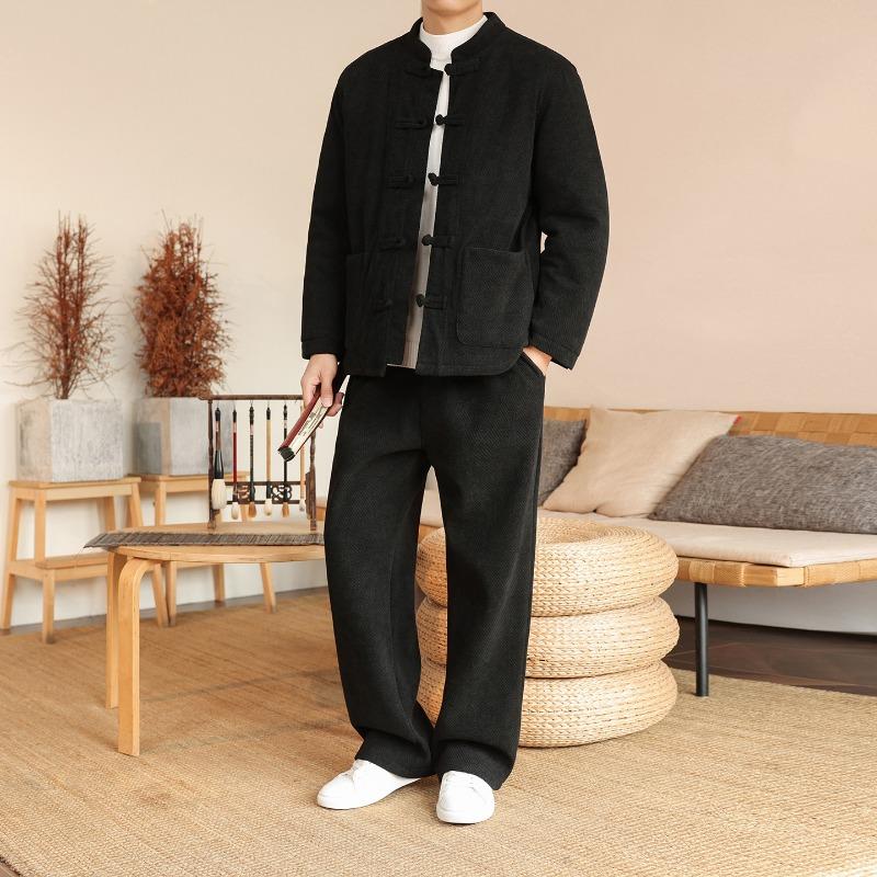 Winter Chinese Style Men's Trendy Suit Chinese Retro Tang Suit Cotton Coat  Velvet Warm  Jacket Two-piece Set