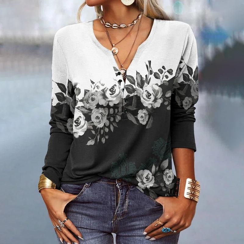 2023 Autumn/Winter European & American Women's Long-Sleeve Ethnic Print Fashion T-Shirt