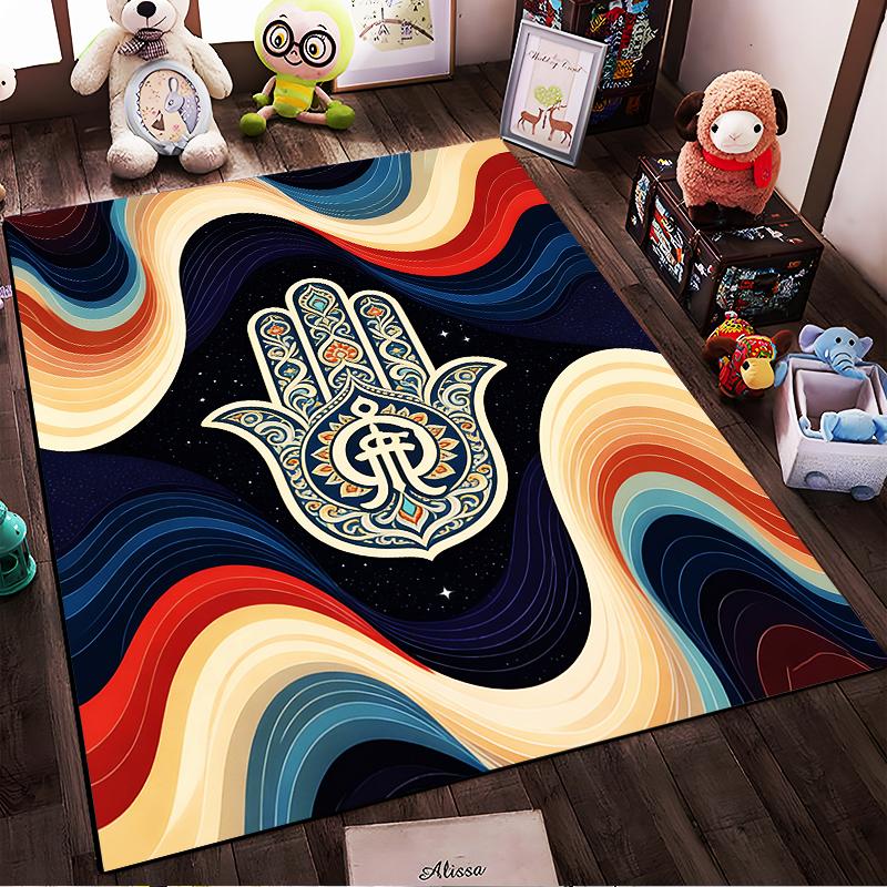 Colorful Abstract Carpet with Hamsa Hand Symbol and Wavy Patterns Suitable for use as an anti-slip for living room bedroom sofas
