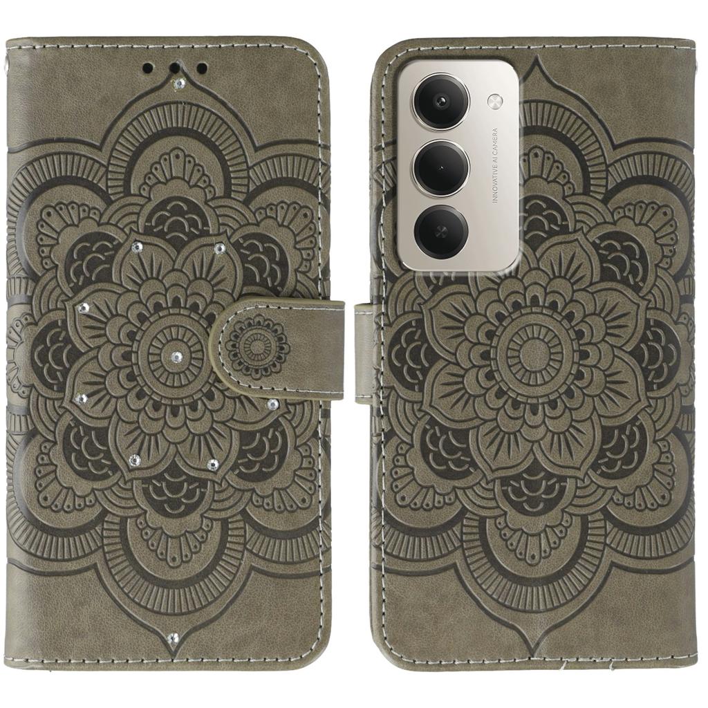 For Xiaomi Redmi 15 5G Case Rhinestone Decor PU Leather Mandala Imprinted Design Phone Cover with Wrist Strap