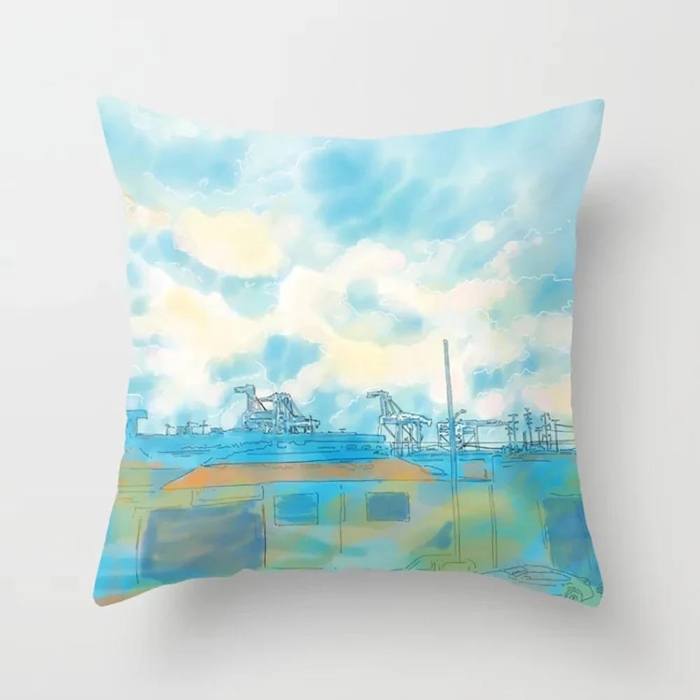 Pink Cartoon City Print Pillowcase Car Ornaments Office Living Room Home Pillowcase