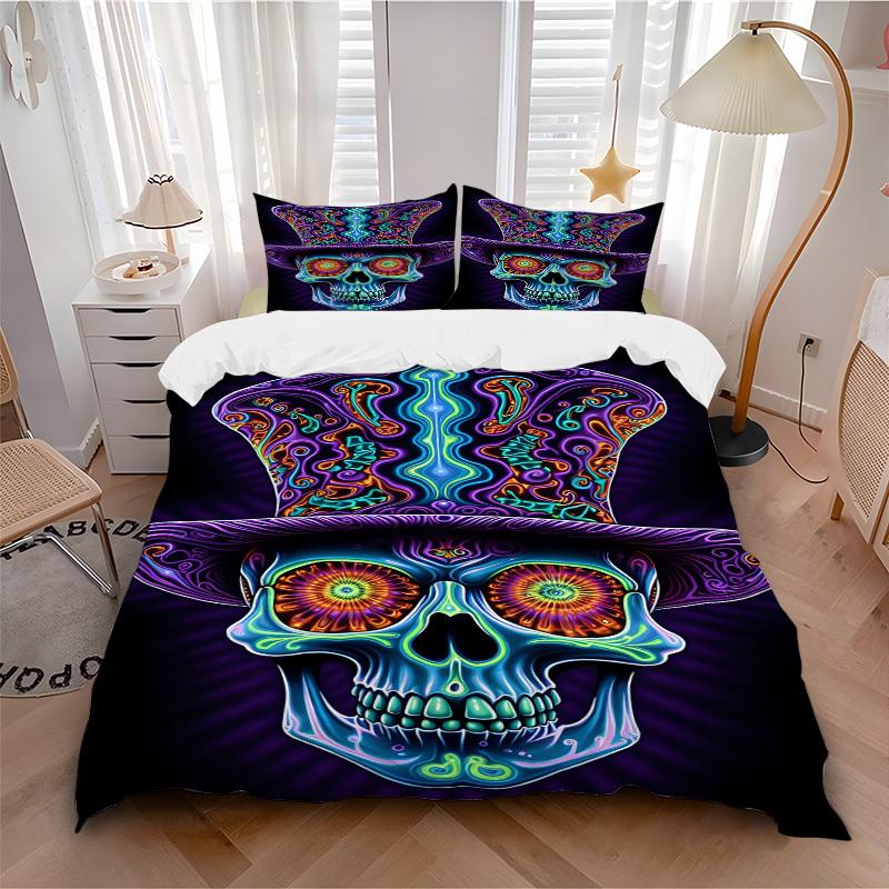 3pcs Psychedelic Skull Duvet Cover Set, Cover For Bedroom Guest Room (1 Duvet Cover + 2 Pillowcase, Without Quilt), yy250922114