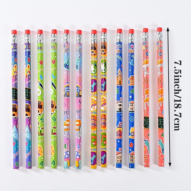 12Pcs Wooden Hb Pencil With Eraser Cute Sketch Drawing Pencil Student Writing Stationery Office Supplies Children'S Gift