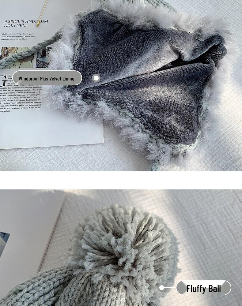 Women's Korean Style Cute Pom-Pom Earflap Hat - Autumn/Winter Warm Woolen Rabbit Fur Knit