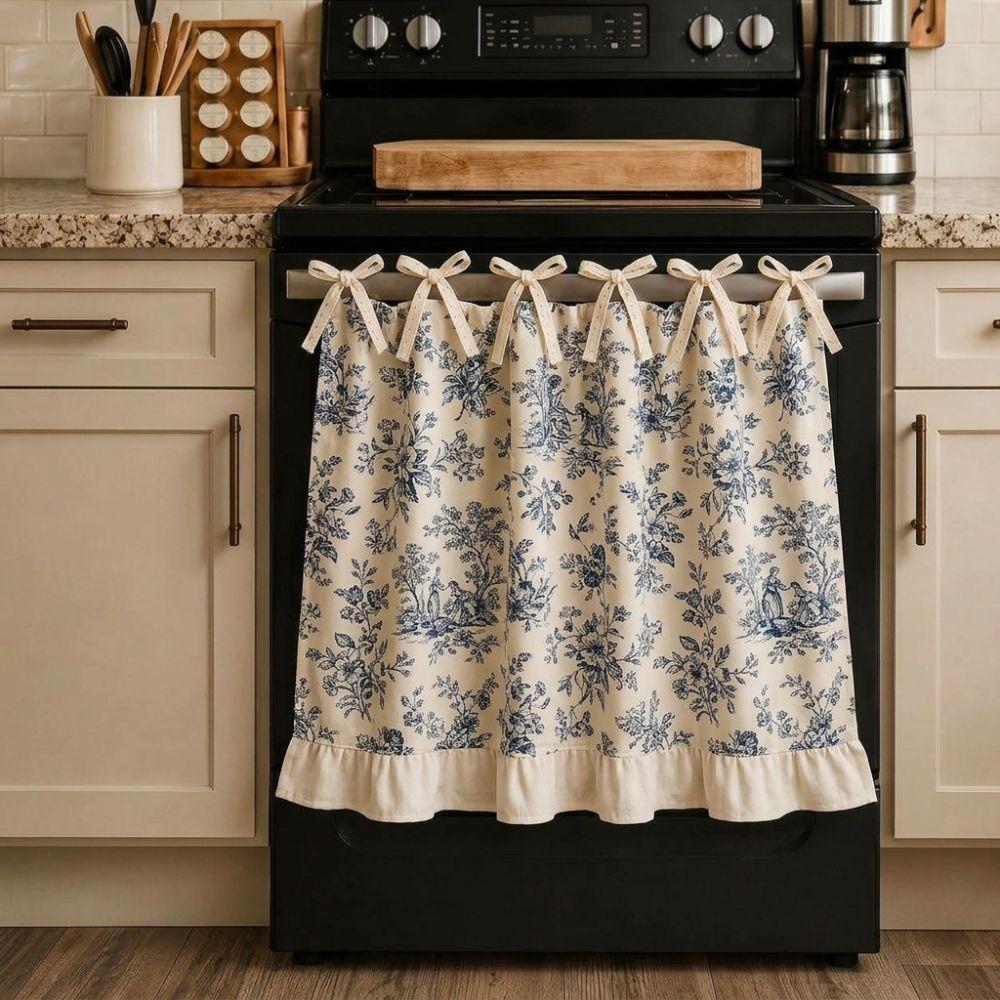Cotton Linen Blend Bow Tie Oven Cover Curtain Coffee Machine Half Curtain Farmhouse Kitchen