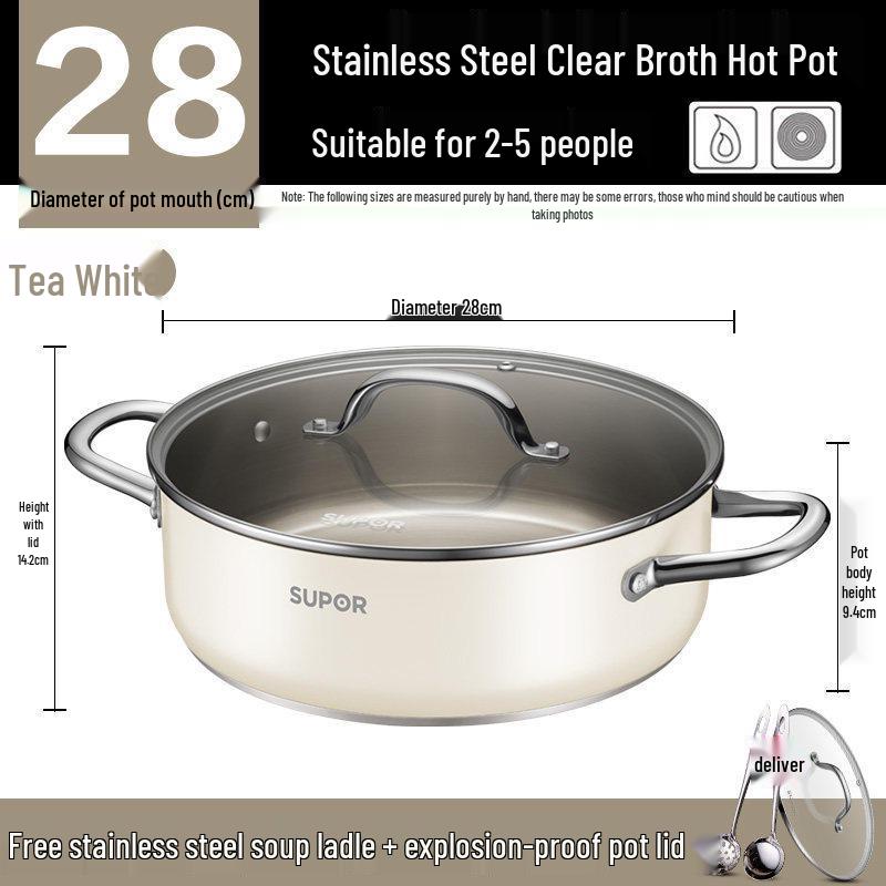 

Supor Thickened 304 Stainless Steel Dual-Sided Shabu-shabu Pot, Large Capacity, No Coating Includes Soup Ladle and Skimmer, 28cm Diameter