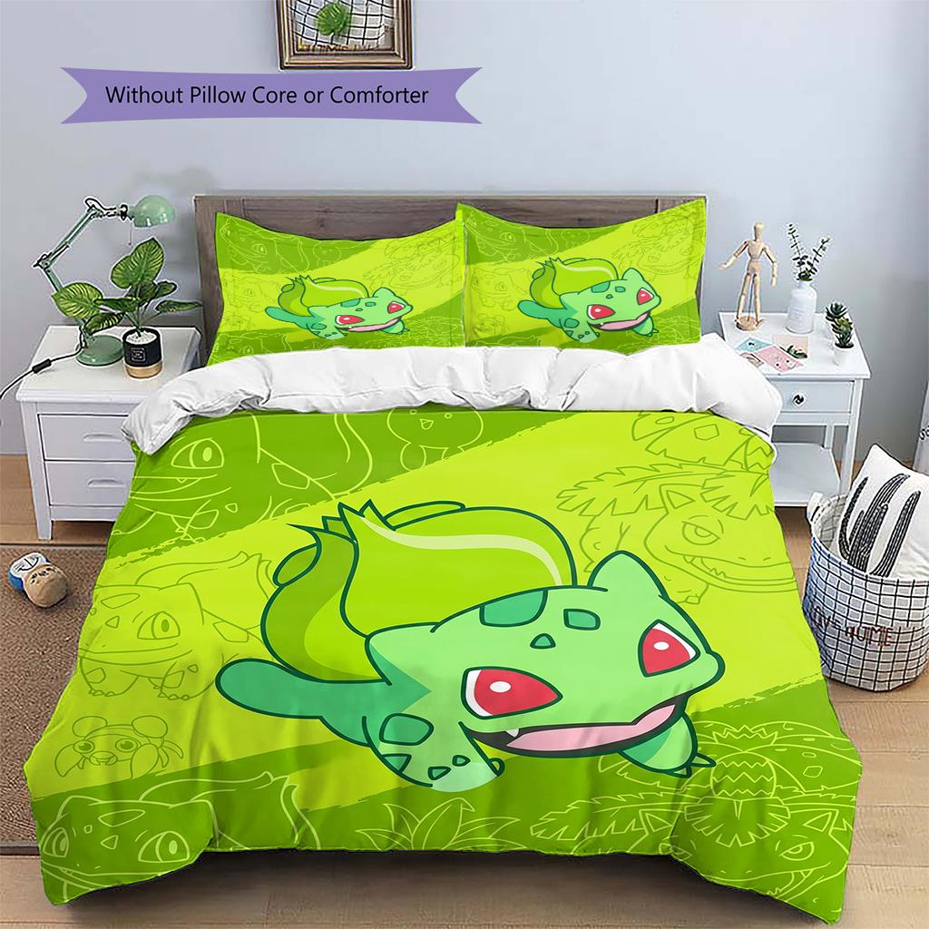 Bulbasaur Pattern Bedding Quilt Set Quilt Cover Pillowcase Home Decoration Birthday Gift (1 * duvet cover + 2 * pillowcase, without core)