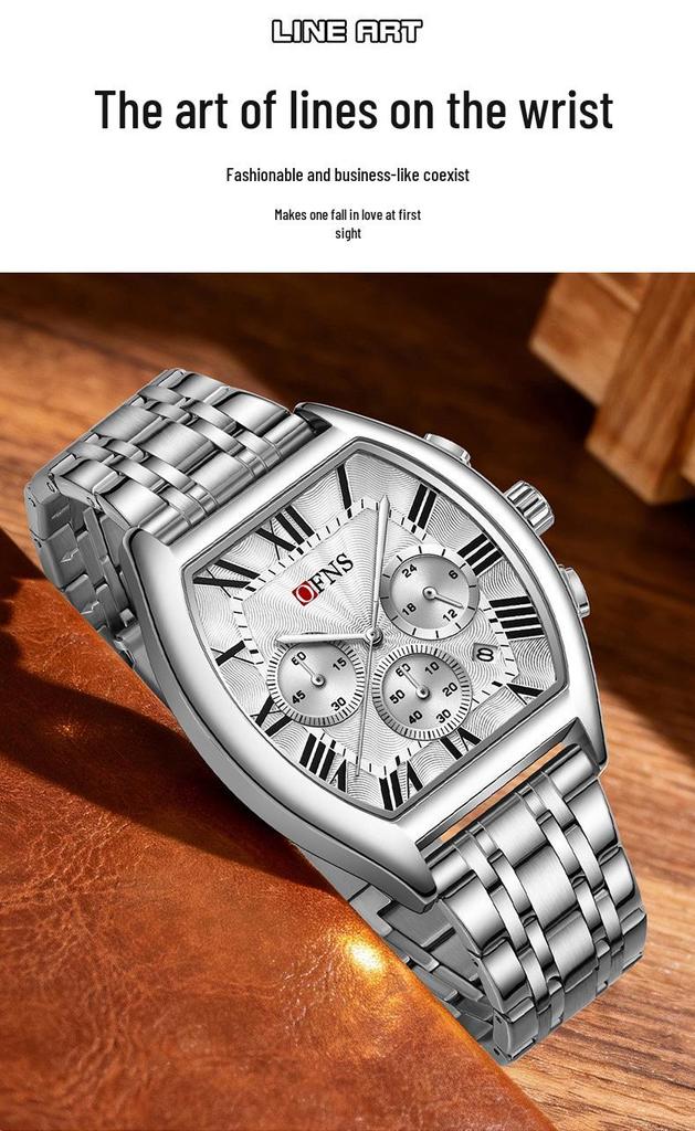 European Wine Barrel Style Men's Waterproof Roman Numeral Chronograph Quartz Watch with Calendar
