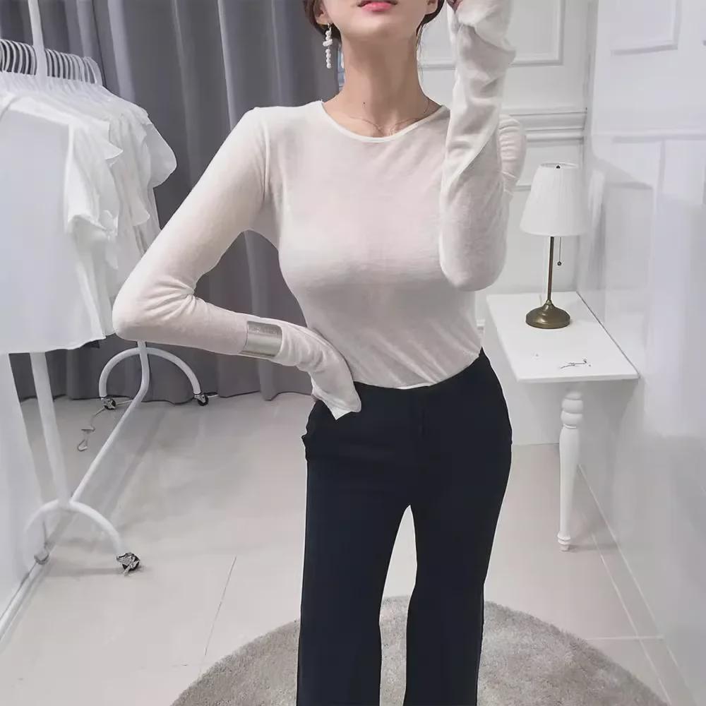 Korean Sexy Slim Fit Sheer Round Neck T-Shirt