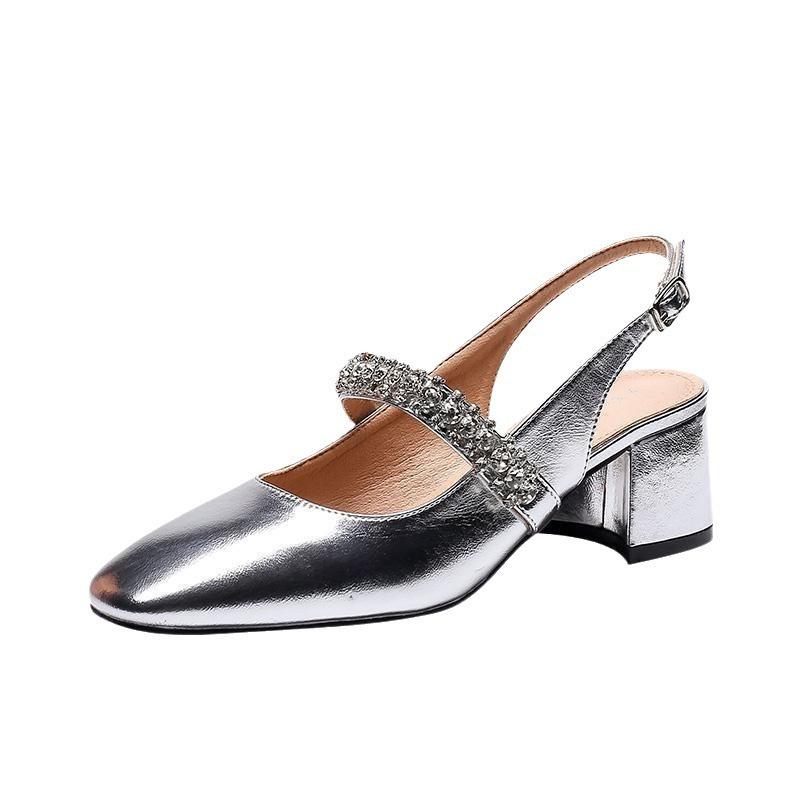 French Rhinestone Rear Empty Mary Jane Shoes Women's 2025 Spring New Versatile Thick Heel High Heels Retro Buckle Sandals