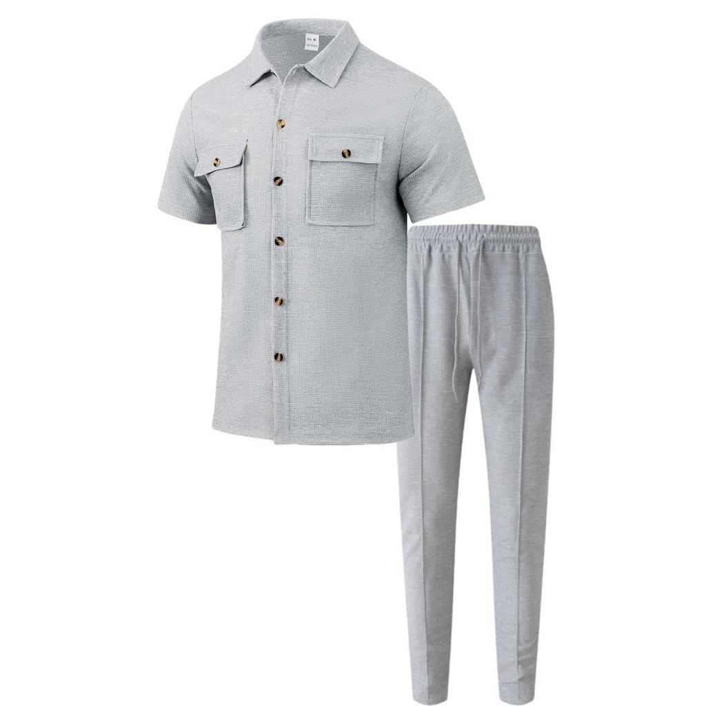 Men's Solid Color Button Pocket Short Sleeve Shirt and Long Pants Two-Piece Set - Summer 2025 Collection