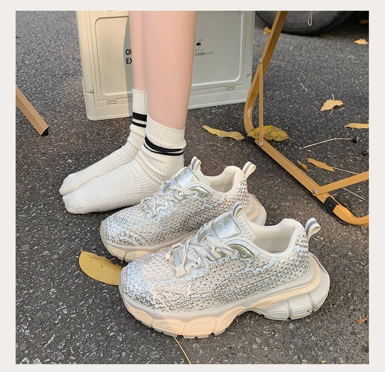 Rhinestone dad shoes women's 2025 spring new Internet celebrities with the same lace-up thick sole heightening versatile sports shoes casual shoes
