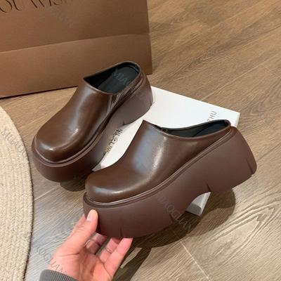 Pantofole Rialzate con Fondo Spesso da Donna Primavera Autunno da Esterno Tacco Alto Baotou Mezza Ciabatta Casual Marrone Nero Mules Ciabatte