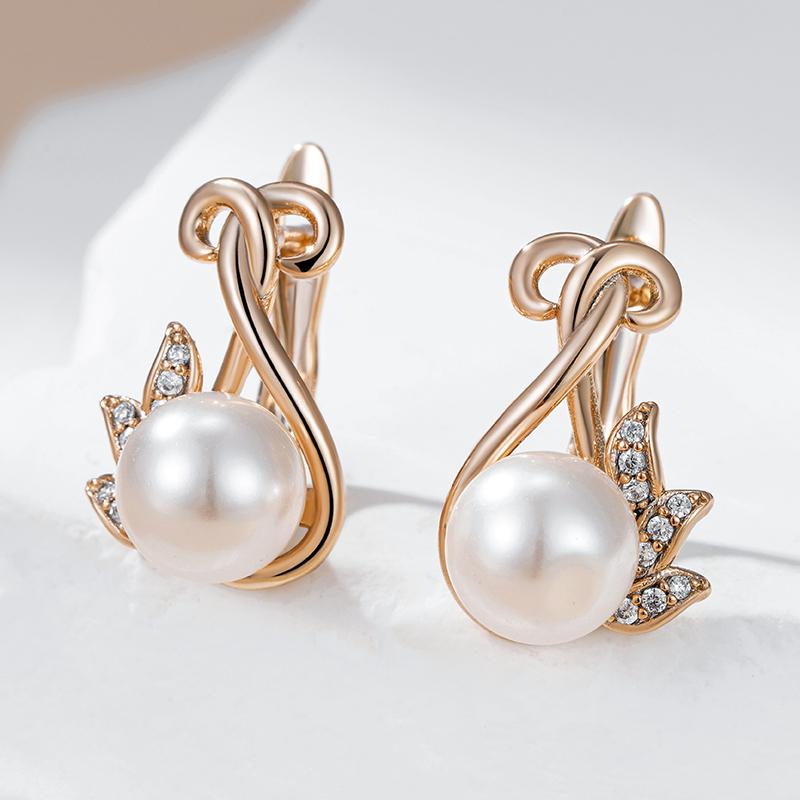 Luxury Crystal Flower Pearl Dangle Earrings For Women Trendy  Rose Gold Color With Natural Zircon Daily Fine Jewelry