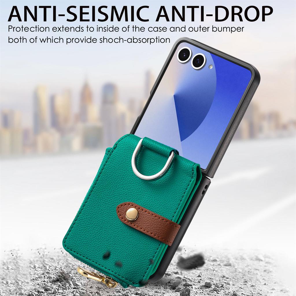 For Samsung Galaxy Z Flip7 5G Case Zipper Pocket Leather + PC Phone Cover with Ring Holder