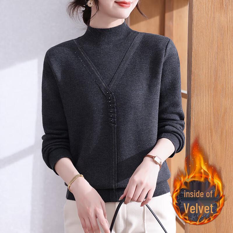 

XUEXI Women s Faux Two-Piece High-Neck Plush Sweater L