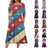 Women's Independence Day Dress - Casual Midi, Round Neck, Three Quarter Sleeves, Ruching Waist, for Spring Fall Parties