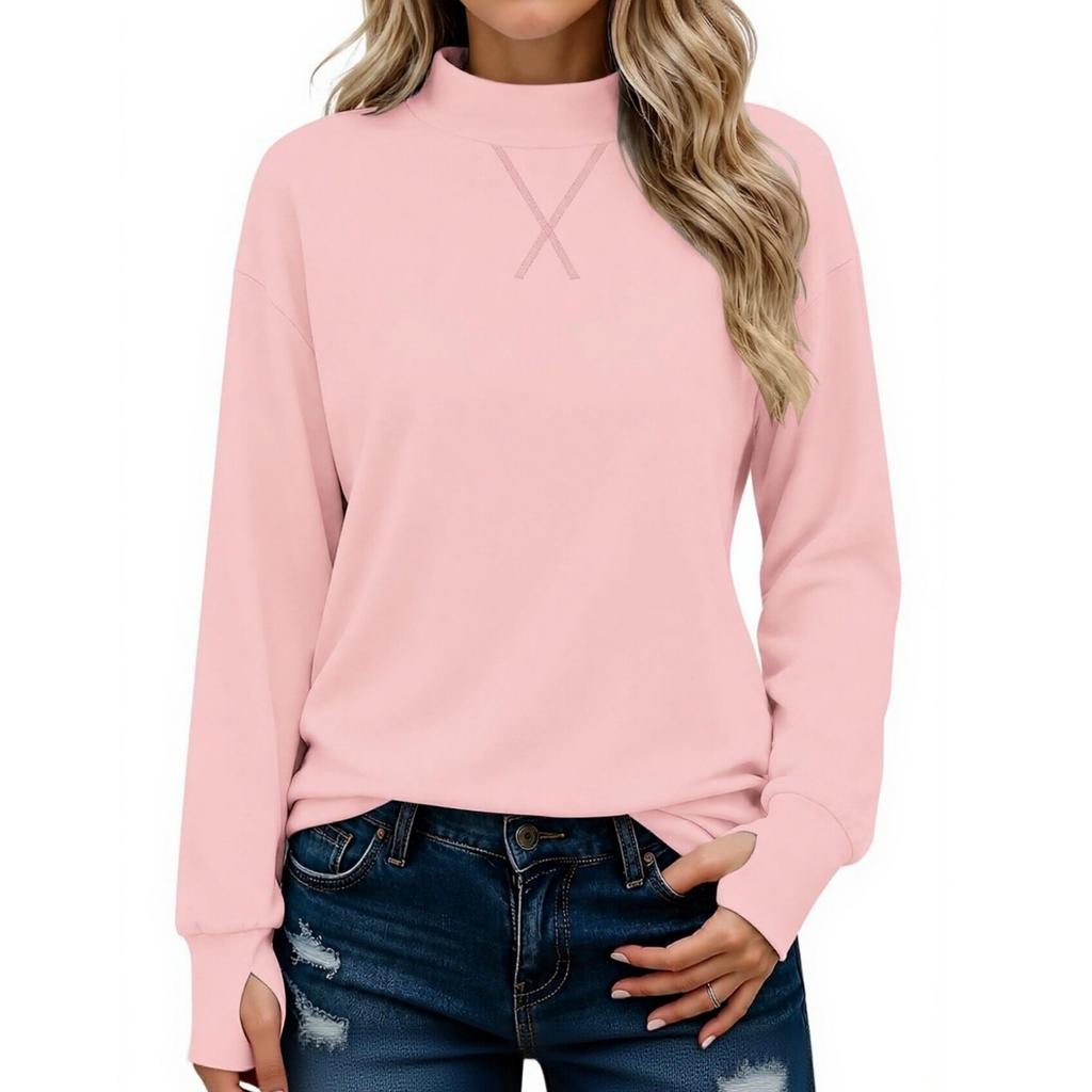 Women's Casual Mock Neck Long Sleeve Top with Thumb Holes