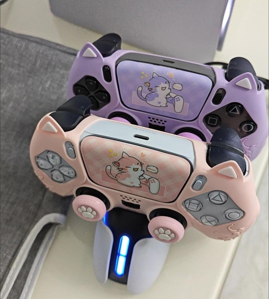 Protective Cover for PS5 Cat Ear Silicone with Stickers and Rocker Caps Controller, Case, Non-Slip, Sweat-Resistant, Dust-Resistant, (White)