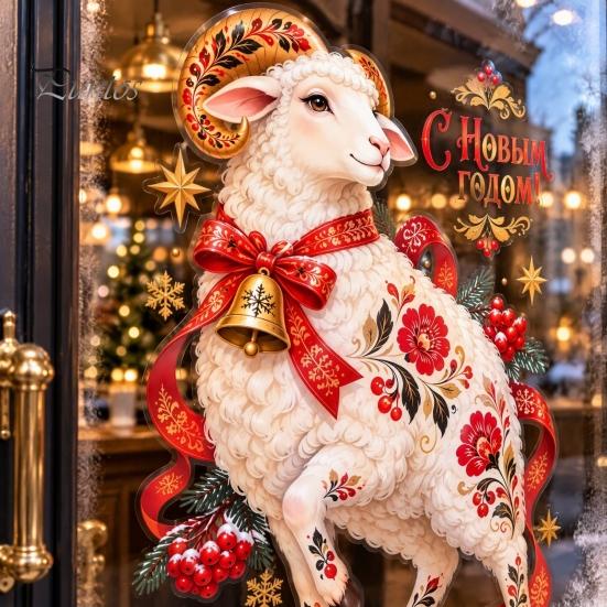 Festive Zodiac Sheep Wall Decor 2027 Year of The Window Cling, Russian New Sticker, Party Glass Art Static Christmas Decal with Bell Berries for Home