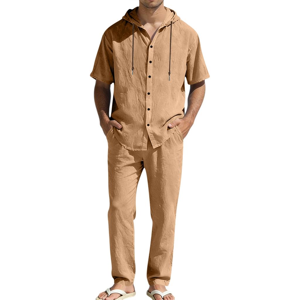 Men's Summer Casual Linen Set: Short-Sleeve Hooded Shirt And Loose-Fit Pants