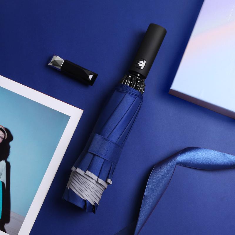 Three-Fold Automatic Reverse Umbrella with Reflective Edging & LED Light, Customizable Logo, All-Weather Protection for Business Use