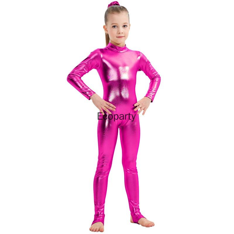 Copii Strălucitor Metalic O Bucată Mânecă Lungă Corp Întreg Gimnastică Balet Dans Leotard Salopetă Fete Elastic Unitard Îmbrăcăminte de Dans