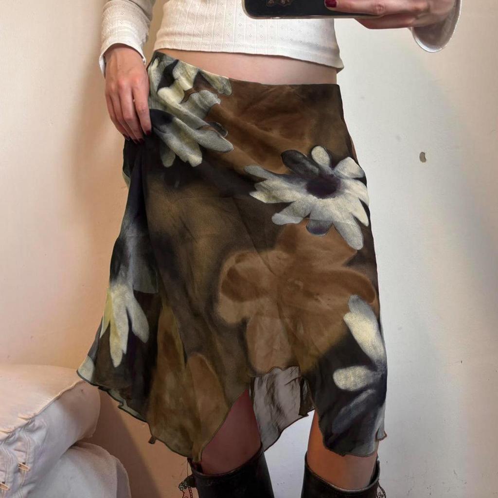 American Retro Floral Mesh Irregular Low Waist Vacation Skirt