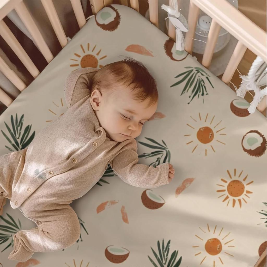 Summer Palm Coconut Sun Leaves Pattern Baby Sheets for Crib, Unisex Summer Theme Nursery Fitted Bed Sheet for Boys Girls Standard Crib and Toddler