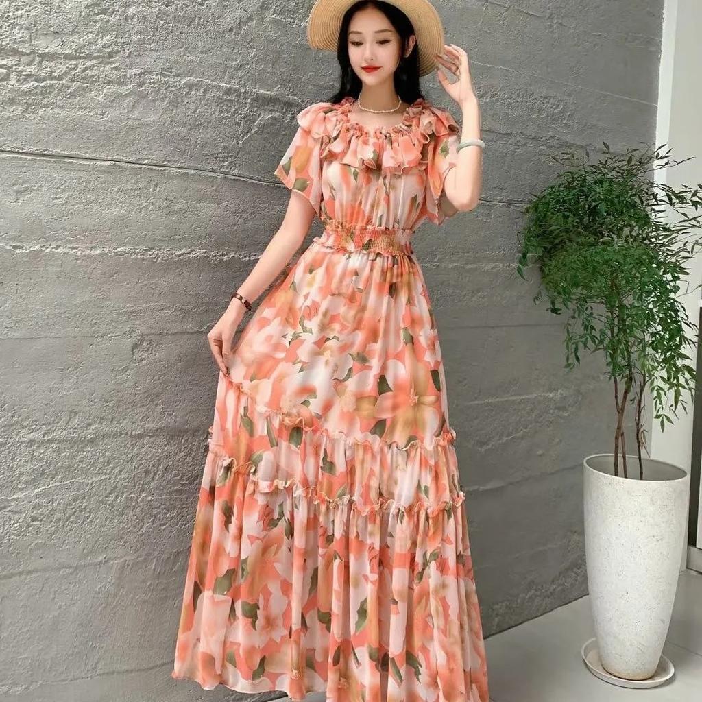 One Shoulder Off Shoulder A-line Ruffled Floral Chiffon Dress Summer Women's Slim Beach Vacation Beach Long Dresses