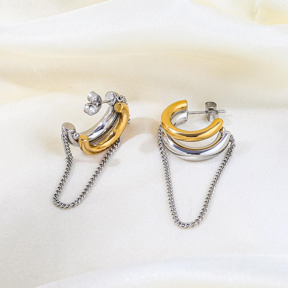 Fenny High End 18K Gold-plated  Double Layer Chain Tassel Two Tone Stainless Steel Hoop Earring for Women