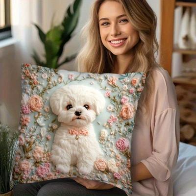 Bohemian Stil Niedlicher Welpe Und Floral 2D Bedruckte Kissenhülle Für Heimdekoration Geeignet Für Schlafzimmer Wohnzimmer Tier Thema