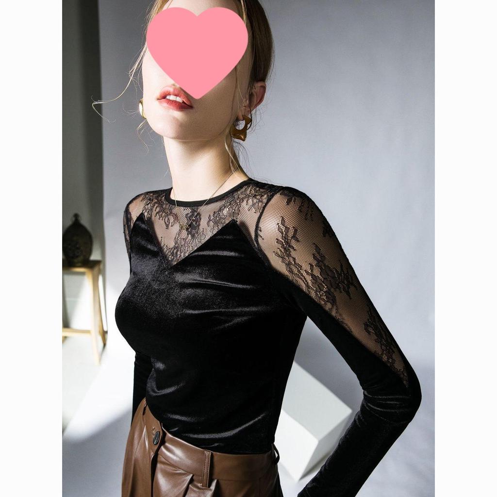 Velvet Lace Patchwork Cinched Waist Women's Top - Chic Autumn Layered Fashion Shirt
